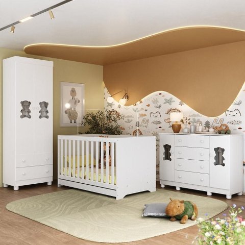 Quarto de Bebê Completo com Berço Americano 3 em 1 Fofura Multimóveis Mp4657 Branco