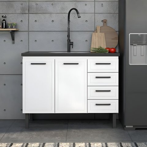 Gabinete de Pia Cozinha 117cm 100% Aço 2 Porta e 4 Gavetas:Branco