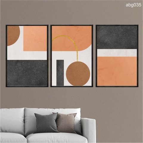 Kit 03 Quadros Decorativos Formas Geom Laranja Marrom Preto Abg035 Vidro Impresso 40x60cm Cada