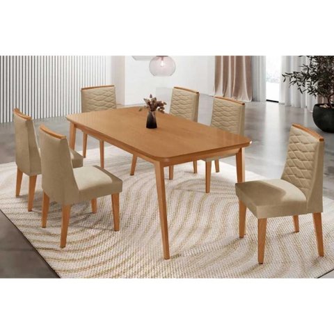 Sala de Jantar Completa Havana C/ Tampo Madeirado Canto Curvo 180x90cm e 6 Cadeiras Maldivas