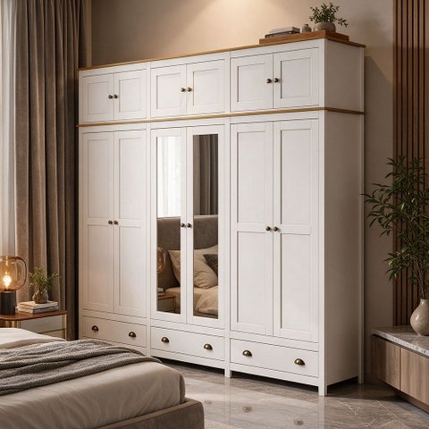 Guarda Roupa Casal 12 Portas com Espelho e Maleiro Mazzaro F06 Branco Freijó - Lyam Decor