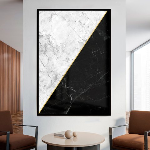 Quadro Decorativo Geométrico Mármore Branco e Preto em Moldura Caixa Tacolado Moldura Trad 1cm Preta
