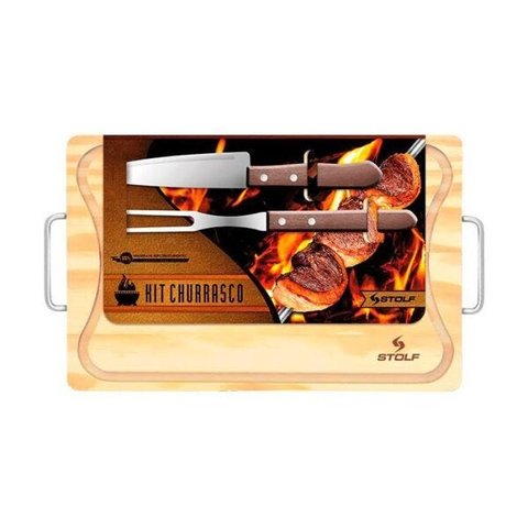 Kit de Churrasco com Tábua Pinus Faca e Garfo