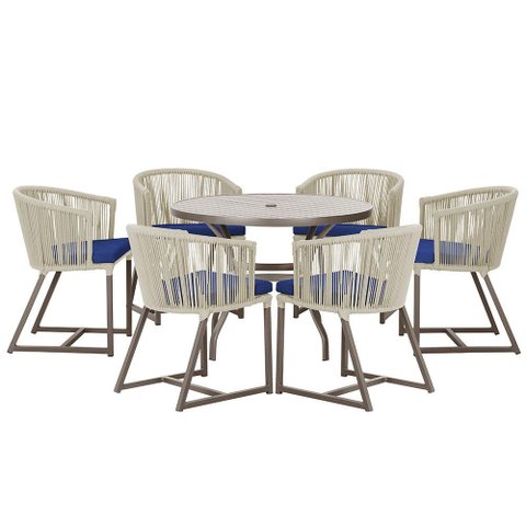 Mesa com 6 Cadeiras de Jantar Roma 120cm e Noronha em Alumínio Marrom Corda Náutica Estofado 10 Tram