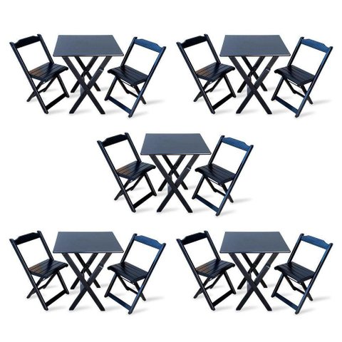 Kit de 5 Conjuntos de Mesa Dobrável 60x60 com 2 Cadeiras Preto - Cor: Preto