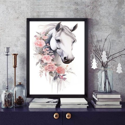 Quadro Cavalo Branco com Flores 24x18cm - com Vidro:moldura Branca