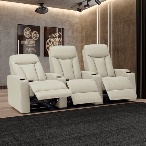 Poltrona 3 Lugares Sala de Estar e Cinema Vancouver Manual Porta Copos Reclinável Pu Bege G94 - Laur