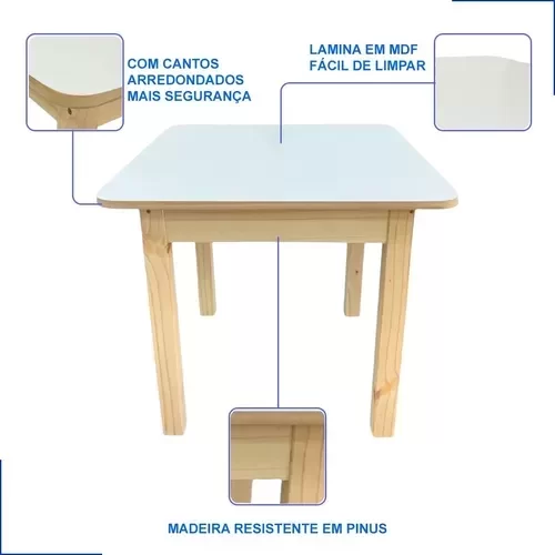 Conjunto Mesa Mesinha Quadrada Infantil Educativa Atividades de Madeira Maciça Resistente 2 Cadeira - 8