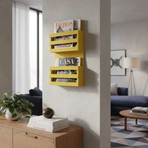 Revisteiro de Parede Porta Revistas Livros Amarelo Laca