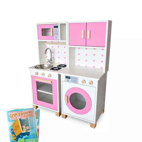 Kit Mini Cozinha Infantil e Máquina de Lavar - Rosa