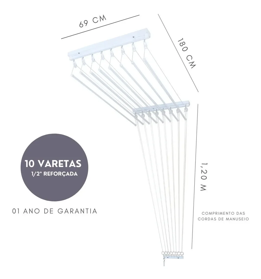 Varal De Teto Individual 180cm x 10 Varetas - Em Alumínio Branco - 2