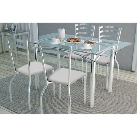 Sala de Jantar Completa Elba c/ Tampo Vidro 120cm + 4 Cadeiras Portugal Cromado/Courano Branco -
