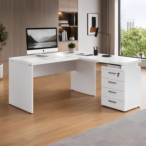 Mesa em L Escritório Gaveteiro 4 Gavetas MDP 150cm Branco F5 Office