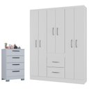 Ver imagem 1 de Cômoda 867 4 Gavetas com Guarda Roupa Casal Milão 6 Portas Branco Brilho - Poquema