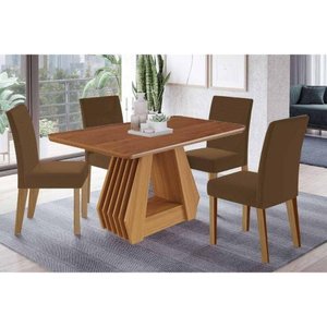 Sala de Jantar Completa Ágata Tampo Madeirado 130x80cm e 4 Cadeiras Maia Cinamomo - Nature/suede