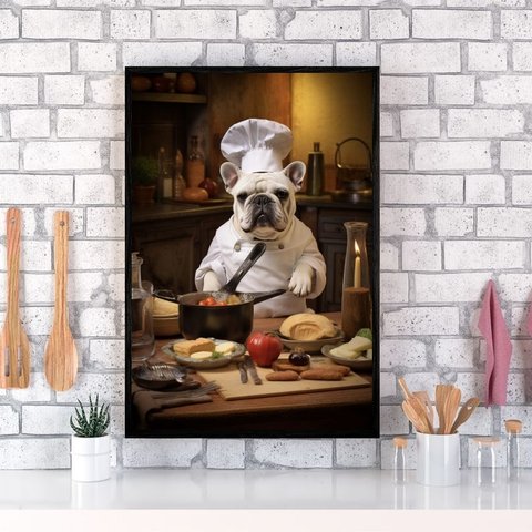 Quadro para Cozinha Cão Bulldog Francês 24x18cm - com Vidro:madeira Preta