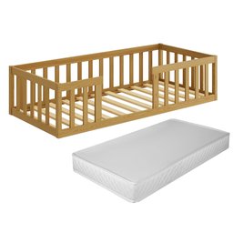 Cama Montessoriana Solteiro Quarto Criança Proteção Grade Madeira Cercado Cor Nature com Colchão - 2