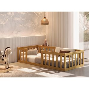 Cama Montessoriana Solteiro Quarto Criança Proteção Grade Madeira Cercado Cor Nature com Colchão