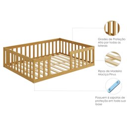 Cama Montessoriana Solteiro Quarto Criança Proteção Grade Madeira Cercado Cor Nature com Colchão - 4