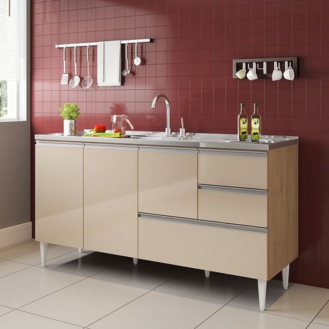 Balcão Gabinete Pia 1,50m Maceió Bymadero Amêndoa / Off White – 3 Portas 2 Gavetas + 1 Gavetão