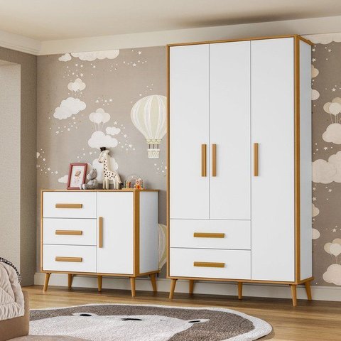 Quarto de Bebê Infantil Completo 1 Guarda Roupa 3 Portas e 1 Cômoda Retrô 100% MDF Magic Baby