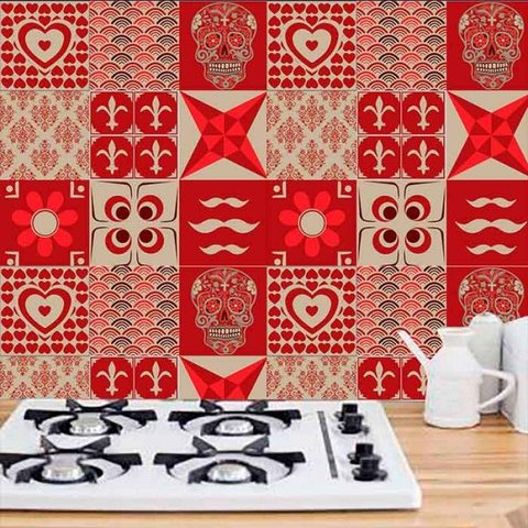 Papel de Parede Auto Adesivo Lavável Azulejo a0016 Vermelho