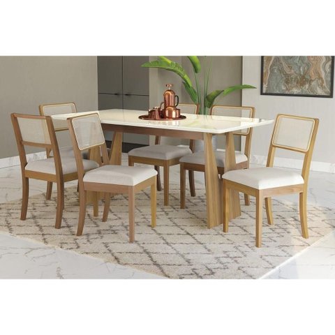 Mesa Cozinha Mila Premium Madeira Maciça C/ Tampo Madeirado C/ Vidro 180x90cm e 6 Cadeiras Lola