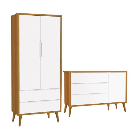 Jogo de Quarto Infantil Theo Retrô Guarda Roupa 2 Portas e Cômoda 1 Porta Branco/Savana com Pés