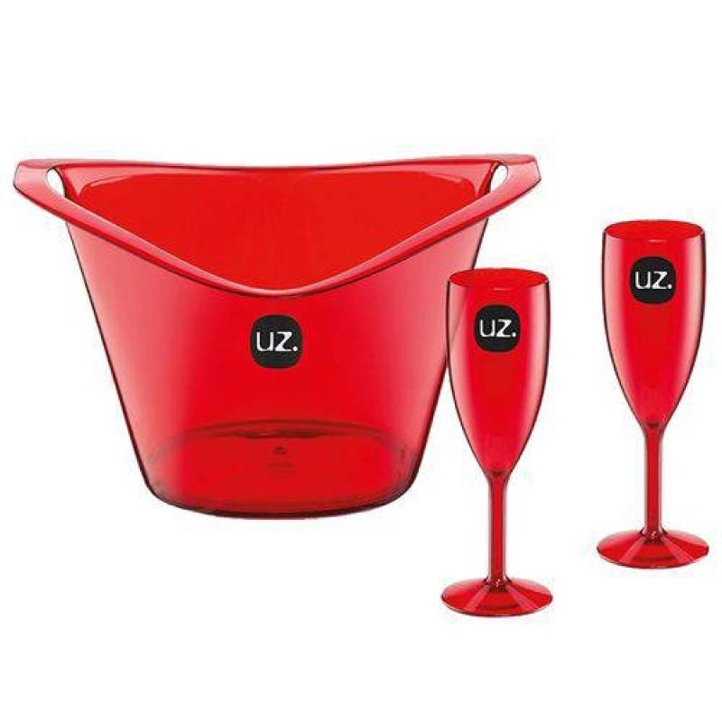 Kit Festa 3 Peças: 2 Taças Para Champanhe 300ml + Balde Para Gelo 8l, Vermelho - Uz