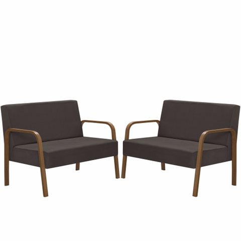 Kit Poltrona Decorativa 2 Namoradeiras Luna Braço Madeira D Salla Suede Marrom