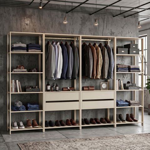 Guarda-Roupa Closet Modulado Siena 264cm 4 Gavetas 2 Cabideiros e 12 Prateleiras Yescasa Bege/Off White