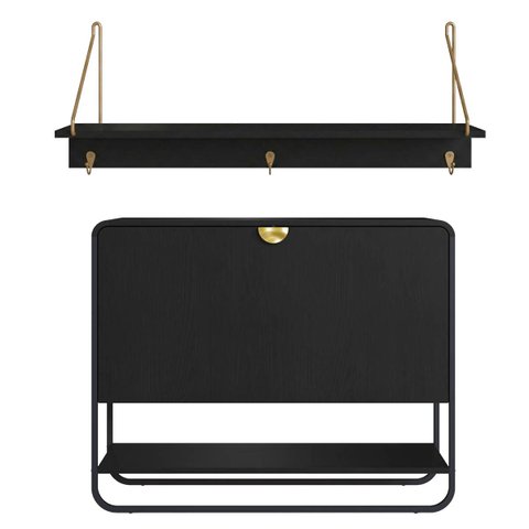 Conjunto Sapateira Aparador e Prateleira Luna 90cm Nero/Preto 28109