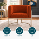 Ver imagem 3 de Poltrona Decorativa Luna Bouclé Premium para Sala Escritório Recepção Base Circular em Ferro Madeira