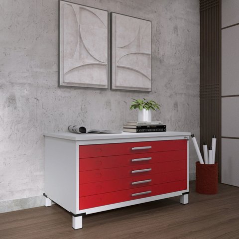 Mapoteca Mont 5 Gavetas 71,3cm x 120,4cm Aço Cinza/Vermelho