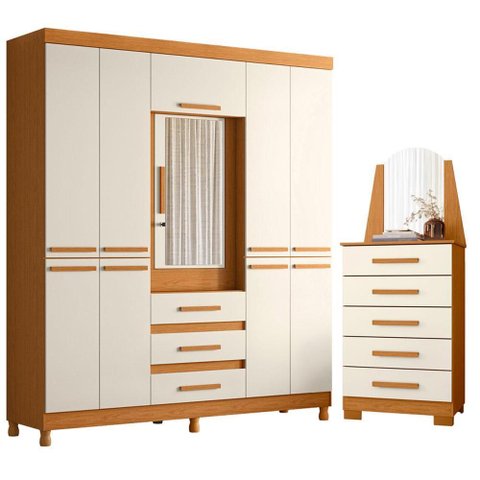 Guarda Roupa Casal New Fusion 10 Portas e Cômoda New Veneza Cinamomo Off White - Móveis Albatroz