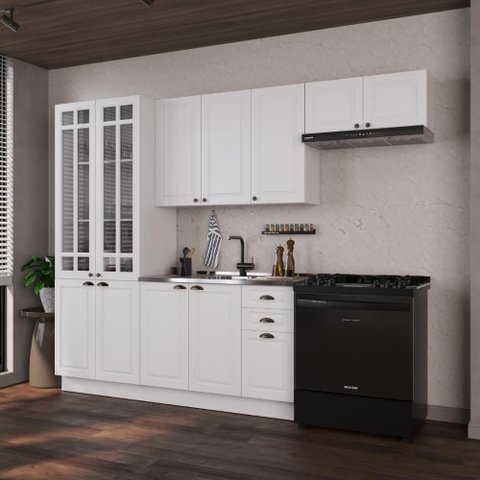 Cozinha Compacta Modulada Nara 12 Portas 2 Gavetas MDF 280cm Branco Fidelita Móveis