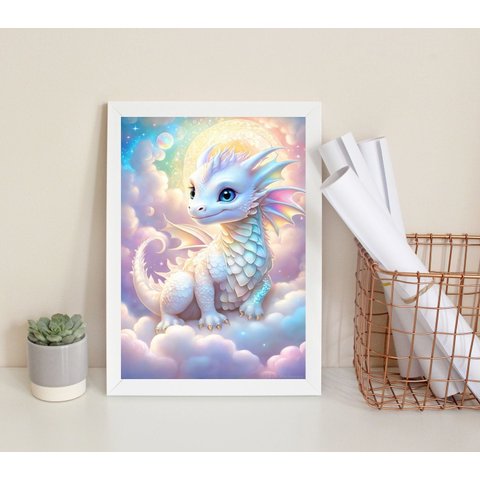 Quadro Decorativo Bebê Dragão 45x34cm:madeira Branca