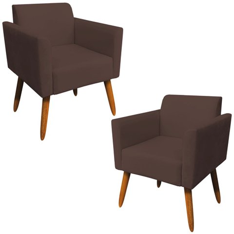 Kit 02 Poltronas Decorativas Isabella Pés Palito Madeira Suede Marrom - Gran Belo