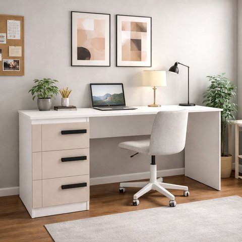 Escrivaninha para Escritório Lisboa 3 Gavetas 163cm Creme E Branco
