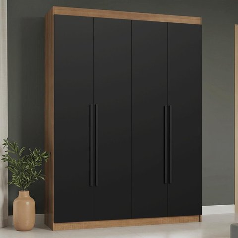 Guarda-Roupa Solteiro 4 Portas Batentes Rustic/Preto/Preto Saturno Madesa