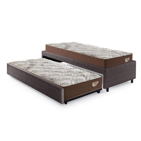 Bicama Box Viúva 126x208 Courino Linho Marrom com 2 Colchões Relax Adorabile Molas Ensacadas