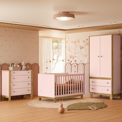 Quarto Infantil Flora Guarda Roupa 2 Portas, Comoda 4 Gavetas, Berço Rosa Acetinado