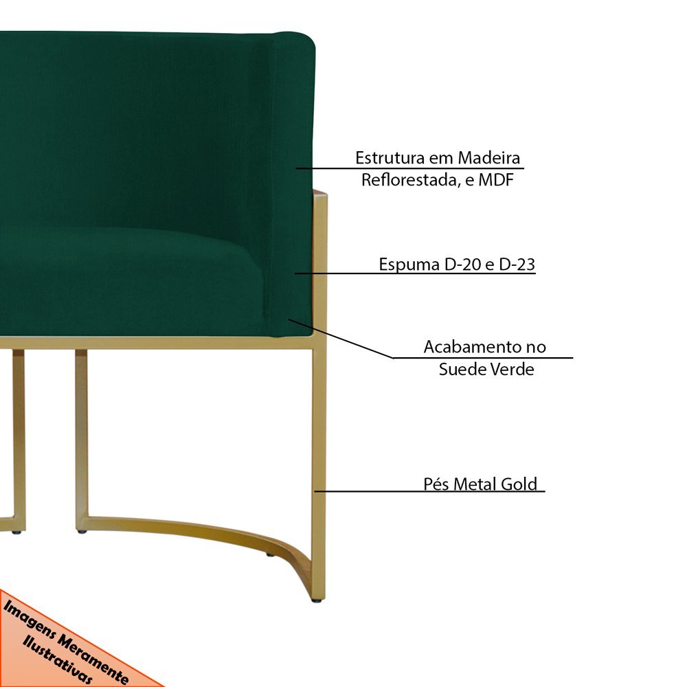 Kit 3 Poltronas Decorativa Sala de Estar Luana Base Gold Suede Verde - Montanaris Decor Md Montanari - 6