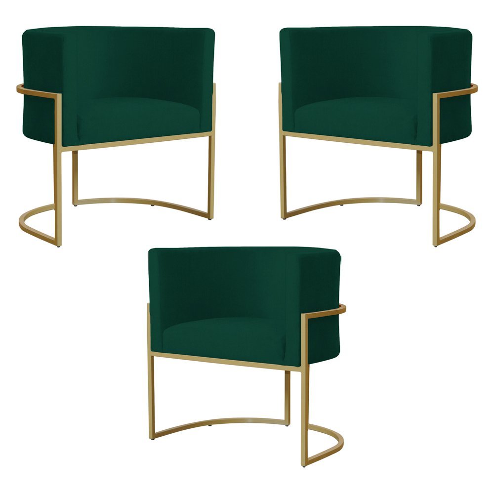 Kit 3 Poltronas Decorativa Sala de Estar Luana Base Gold Suede Verde - Montanaris Decor Md Montanari - 1