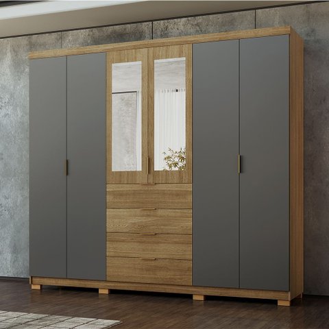 Guarda Roupa Roupeiro Casal Dubai Ouro 6 Portas 4 Gavetas c/ Espelho Nature Alasca Vila Rica