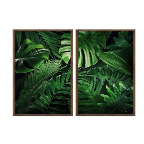 Kit 02 Quadros Decorativos - Folhas Tropicais Verde Intenso Flnt047 - Tela Canvas - 60x80cm