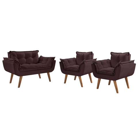 Conjunto Poltronas Decorativas Opalla 1 Namoradeira e 2 Poltronas de 1 Lugar Pés em Madeira D Salla 