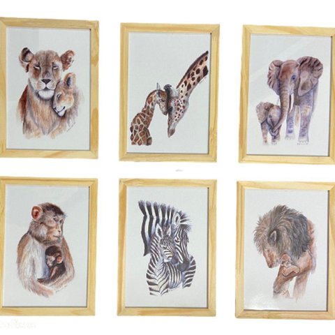 Quadro Infantil Safari 6 Un A4 Vidro e Pendurador