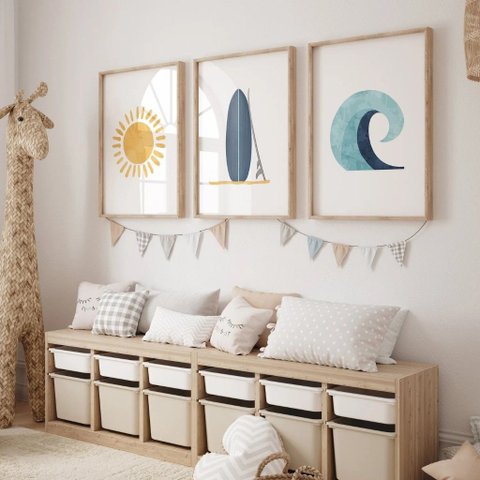 Kit 3 Quadros Decorativos Infantil Love The Sun Surf Praia Quarto Bebê NO1