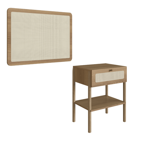 Kit Mesa e Cabeceira Solteiro Oslo Artesano MDP Hanover Palha Sintética 1 Gaveta Base Madeira